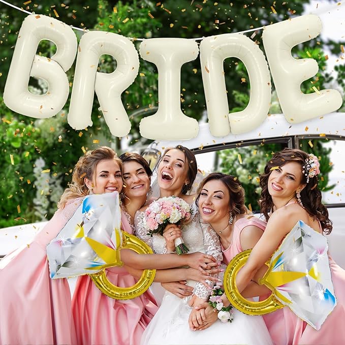 40 Inch BRIDE and Diamond Ring Balloon for Bachelorette Bridal Shower, Large Bride Mylar Foil Letter Balloon Engagement Wedding Photo Booth Decor Party Favors