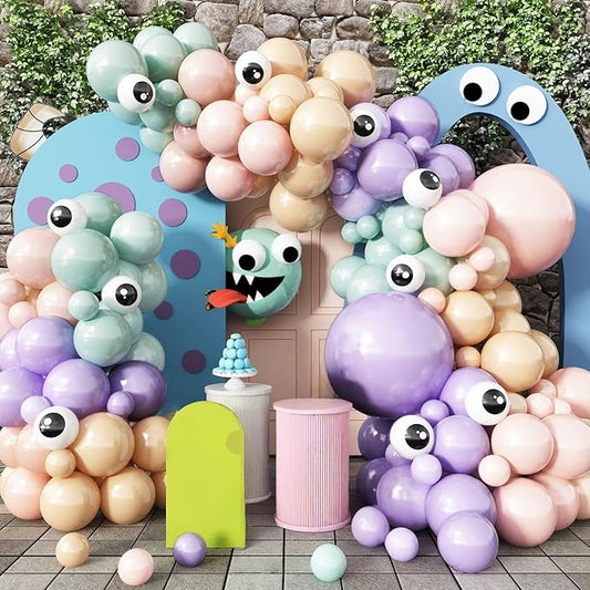 Monster Balloons Arch Kit, Pastel Green Pink Purple Balloon Garland Light Mint Green Pastel Orange Nude Balloons Eyeball Balloon for Monster Cartoon Party Inc Decorations Kids Birthday Party Supplies
