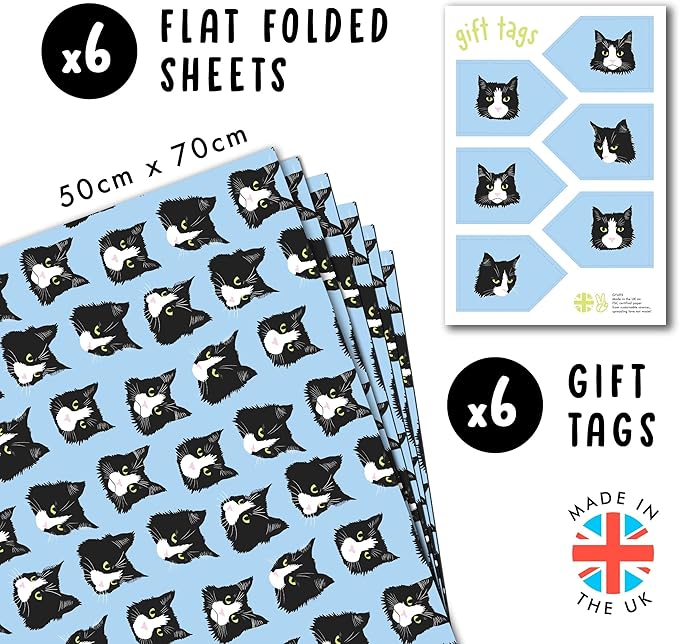 CENTRAL 23 Cat Wrapping Paper - Cat, Funny, Blue Tones - 6 Sheets of Giftwrap for Friends Coworkers Men Women - All Occasion Birthday - Comes With Stickers