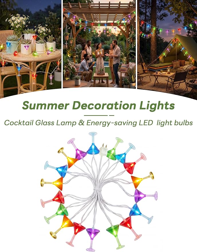 Cocktail Glass String Lights, 8.5FT 10 LED Summer String Lights with UL Certified Plug, Waterproof Tropical Party Decorations for Patio, Connectable Hawaiian Lights for Garden Backyard Bar Decor