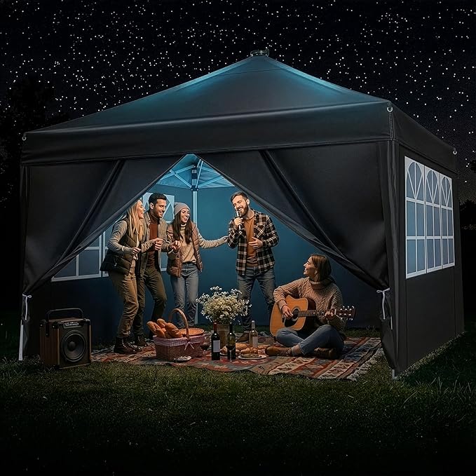 Outvita 10x10ft Ez Pop Up Canopy, Portable Instant Canopy Tent with 4 SideWalls & Meteor LED Lights for Outdoor Events, Party, Wedding, Birthday,Graduation