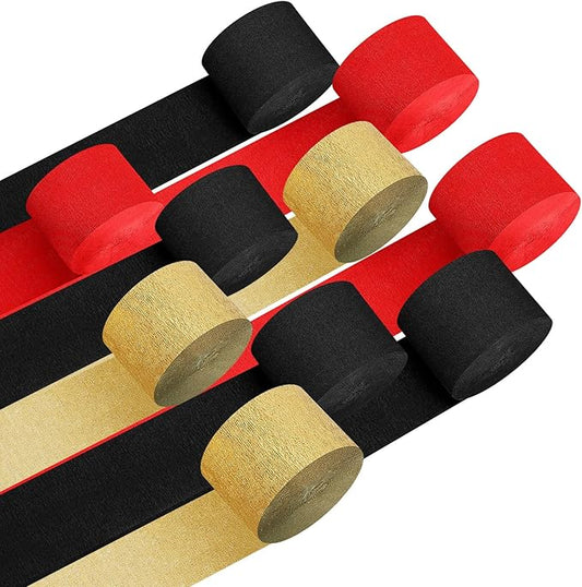 Kisston 10 Rolls Crepe Paper Streamers 820 Ft, Red Gold Black Crepe Paper Decorations for Wedding Ceremony Birthday Party