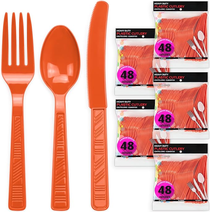 DecorRack Plastic Cutlery Set, Orange Colored Plastic Silverware Sets for Parties, 240 Piece Bulk Heavy Duty Utensils (Orange, 240 Pieces)