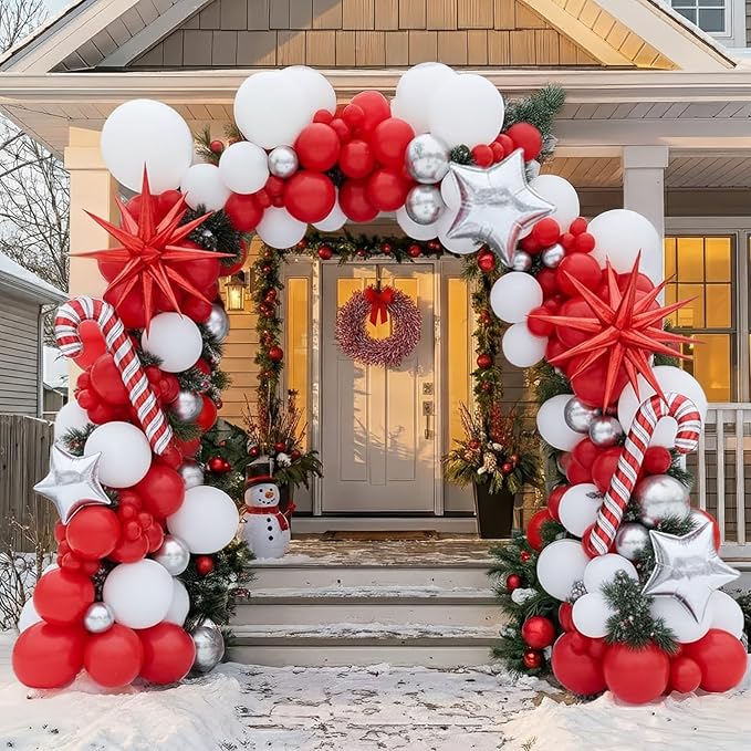 Christmas Party Decorations with Red White Silver Balloon Garland Arch Kit & small Star Candy Cane foil Balloons for 2026 Winter wonderland baby shower Xmas friendsmas new years eve Party Decorations