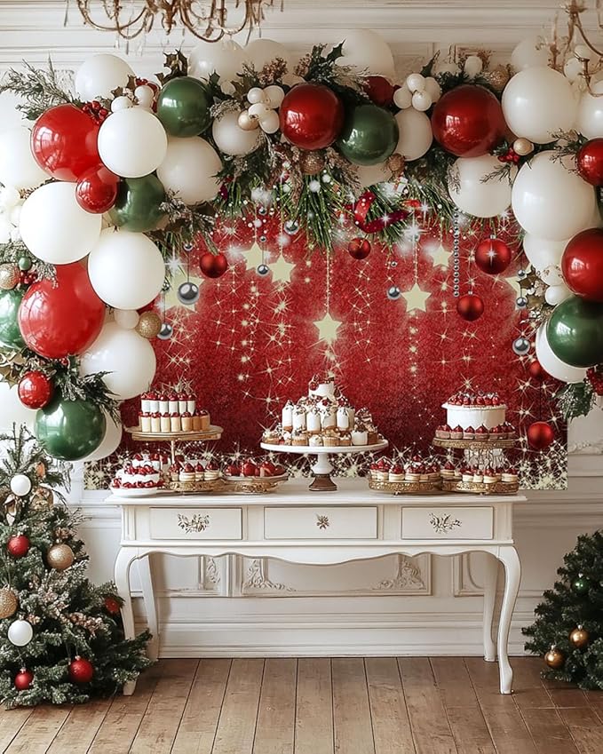 Mocsicka Christmas Backdrop Red Ball Xmas Merry Christmas Party Decorations for Family Holiday for Photography Photo Booth Props (Red, 8x6ft(96"x72"))