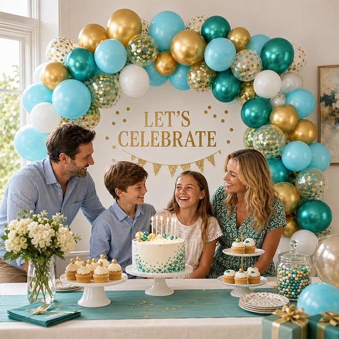 Teal and Gold Balloons, 60PCS Gold Turquoise Balloons Set, 12 Inch Metallic Green Gold Confetti Balloon Teal Blue White Latex Balloon for Wedding Birthday Baby Shower Summer Party Decor