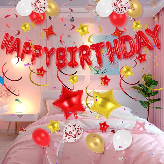 55 Pcs Happy Birthday Balloons Letters Banner with 35 Pcs Star Foil Balloon, 20 Pcs Latex Balloons, 6 Hanging Swirls for Women Men Boys Girls Birthday Party Decorations Set ﻿ (Red)