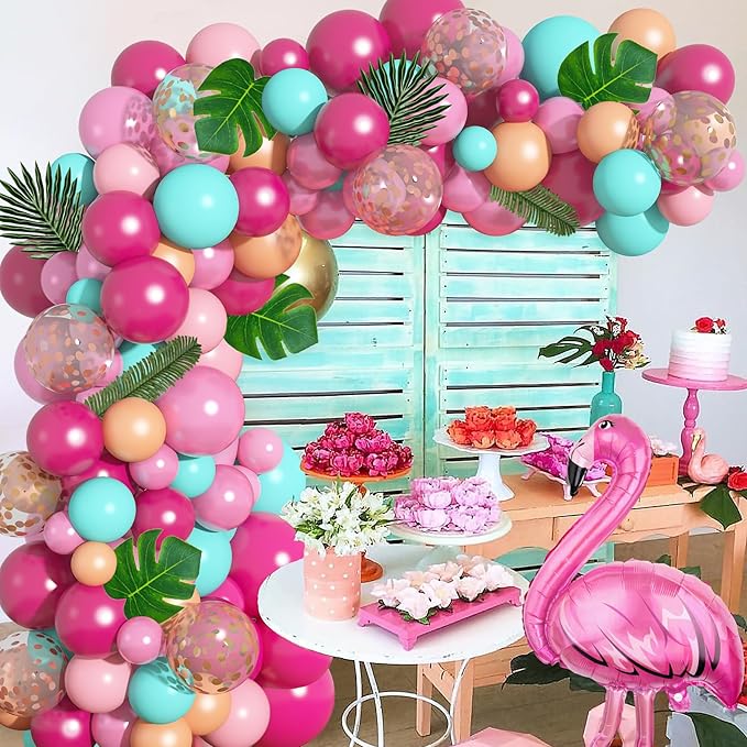 124Pcs Tropical Flamingo Balloon Arch Garland Kit 40" Flamingo Balloons Hot Pink Confetti Balloons Tropical Palm Leaves 4 Tools Hawaiian Luau Birthday Wedding Baby Shower Party Decorations Supplies