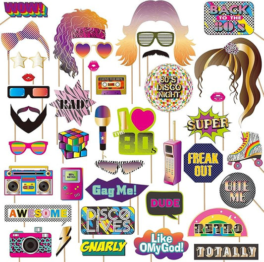 BRT Bearingshui 80s Photo Booth Props, Retro 80's Photo Prop Set, Throwback 80's Photo Booth Prop Set 1980's Theme Party Decorations Supplies Favor