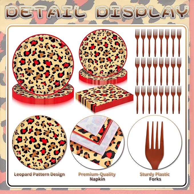 100 Pcs Leopard Print Tableware Party Supplies - Disposable Animal Print Dinnerware Set with Paper Plates,Napkins for Safari Theme,Jungle Birthday Party - Serves 25