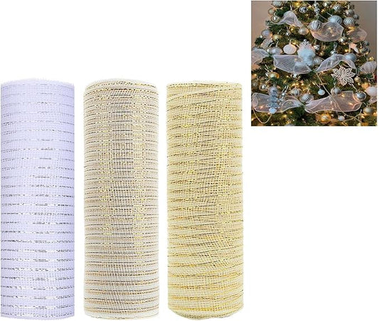 3 Rolls White Deco Mesh Ribbon for Wreath Making Supplies, 10 Inch x 30FT Metallic Foil Burlap Deco Mesh Fabric for Christmas New Year Wedding Door Wreath Swags and Decorating
