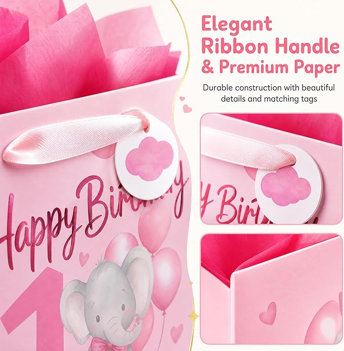 Powbrace 13" Pink Happy Birthday Gift Bag with Tissue Paper and Greeting Card for Party,Happy Birthday Gift Bag for Girls Babies,Gift Bags Medium size(1 PCS Pink Cartoon)