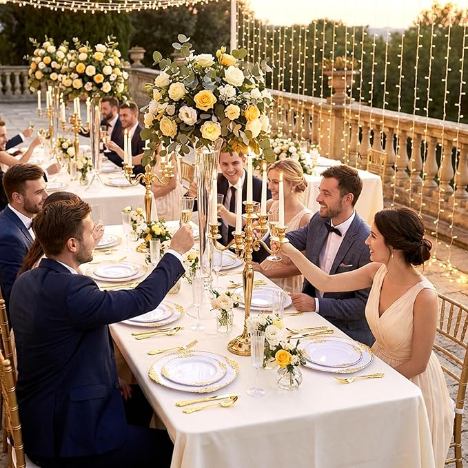 125PCS White and Gold Plastic Plates - Gold Disposable Plates with Plastic Silverware - Vintage Disposable Dinnerware Set for 25 Guests for Wedding Party Dinner Holiday