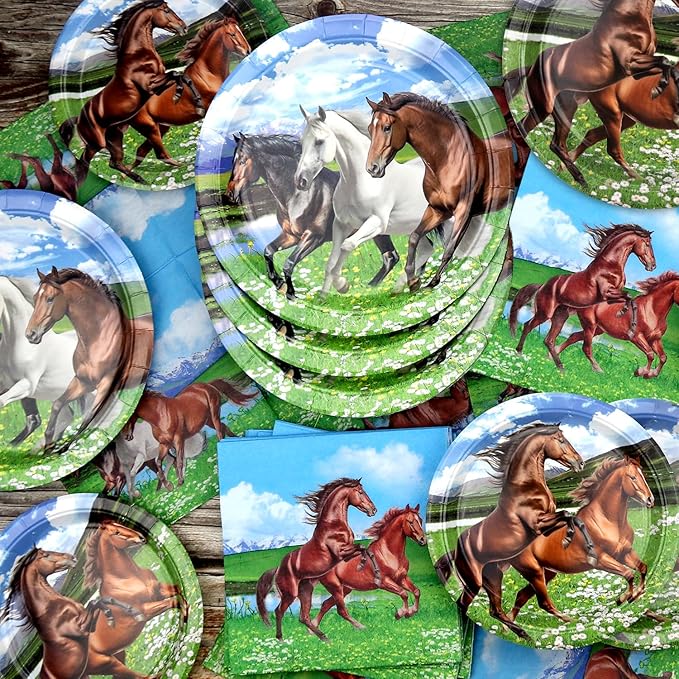 Horse Party Supplies - Horse Party Tableware - Dinner Plates, Dessert Plates, Napkins, Forks for Horse Racing Cowboy Western Boy Birthday Party Supplies Decorations, Serves 25