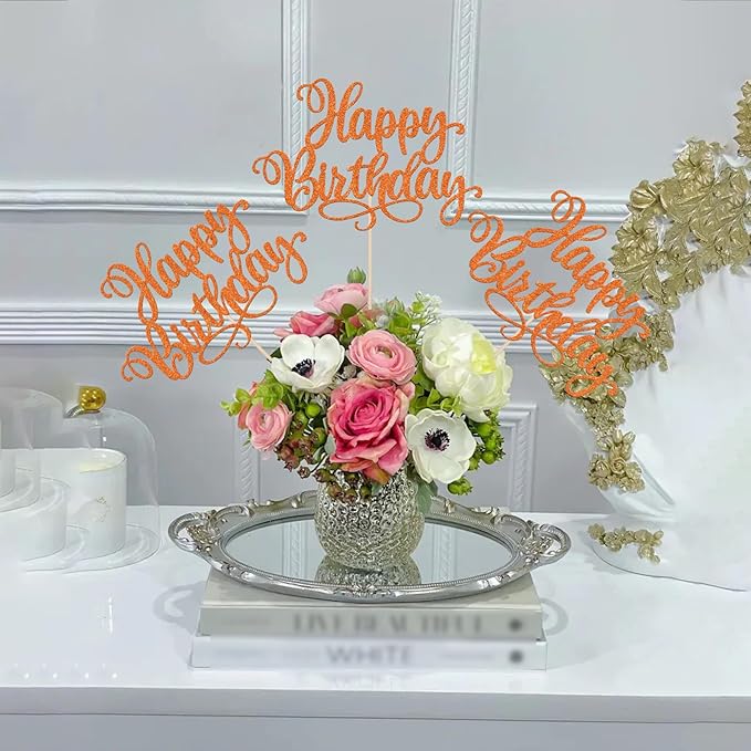 12 PCS Happy Birthday Centerpiece Sticks Double Sided Glitter Birthday Party Table Flower Centerpieces Anniversary Floral Decorations for Celebrating Birthday Party Centerpieces Supplies Orange