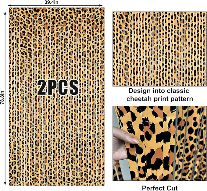 2 Packs Cheetah Prin Foil Fringe Curtain, Leopard Print Glitter Metallic Tinsel Backdrop for Birthday, Baby Shower, Jungle Safari Bachelorette Photo Booth Props Animal Party Decorations Favor Supplies