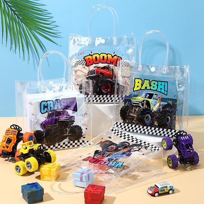 Aliceset 20 Pcs Truck Party Clear Favor Bags with Handles Monster Racing Car Party Treat Bags Truck Race Themed Decorations for Birthday Baby Shower Goodie Supplies, 8x8x3.15 inch