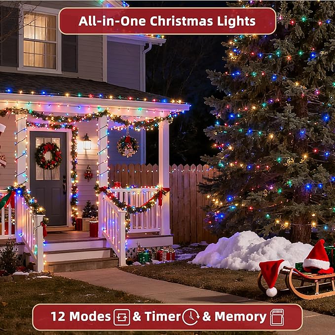 300LED 75FT Christmas Lights Indoor, LED Christmas Tree Decoration Lights with 12 Modes & Timer Memory, Dimmable Plug In Waterproof LED Xmas Light for Yard Trees Wedding Party Holiday Multicolor