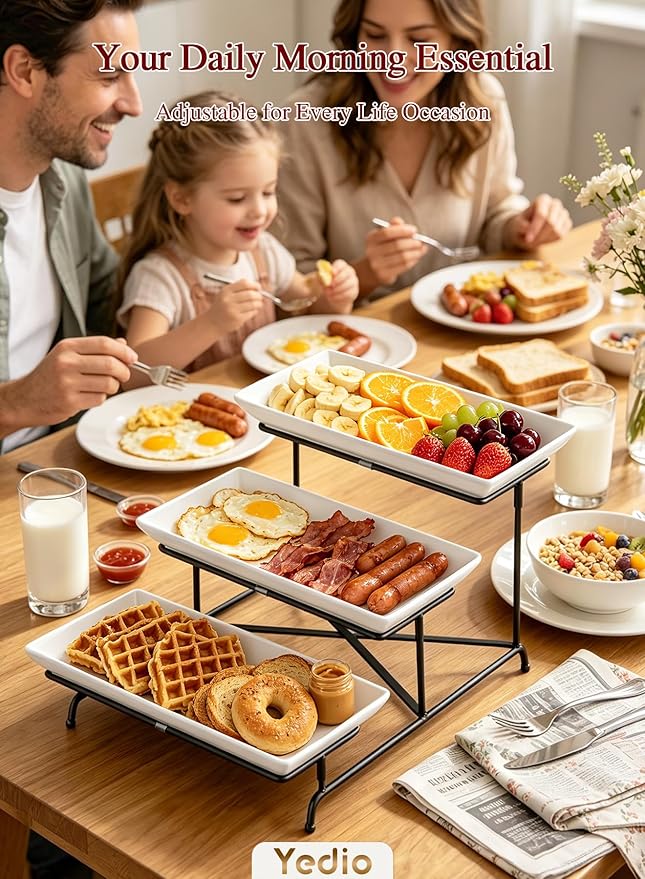 3 Tier Serving Tray Set 14 Inch Porcelain Tiered Serving Trays Platters, Collapsible Sturdier Stand with Stable Cross Bars, Three Layer Serving for Party Entertaining Food Display Fruit Dessert