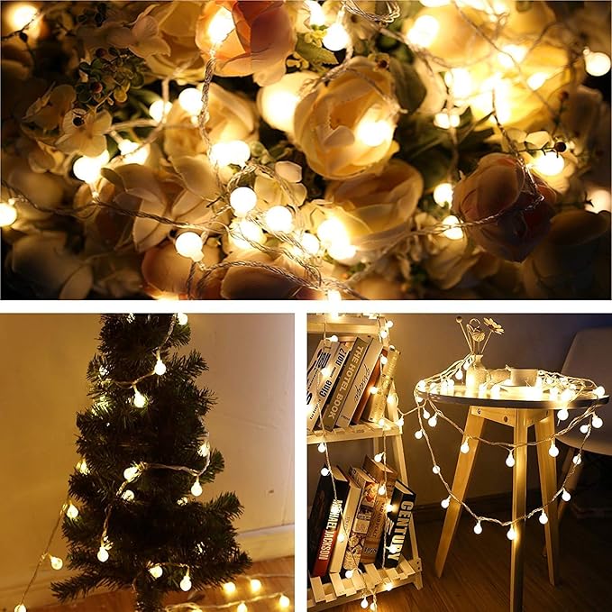 RaThun 49.2ft Globe String Lights with 16ft Extended Lead & Stable Remote - 100 LED Warm White, 8 Distinct Modes, IP44 Waterproof, UL Certified, Linkable for Indoor Outdoor Wedding Party Decor