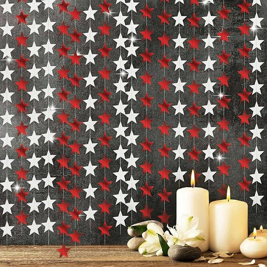 Patelai 130 Feet Glitter Star Garland Banner 2026 Party Decoration Double Side Star Hanging String Streamer Paper Twinkle for Graduation Wedding Birthday (Red and White)