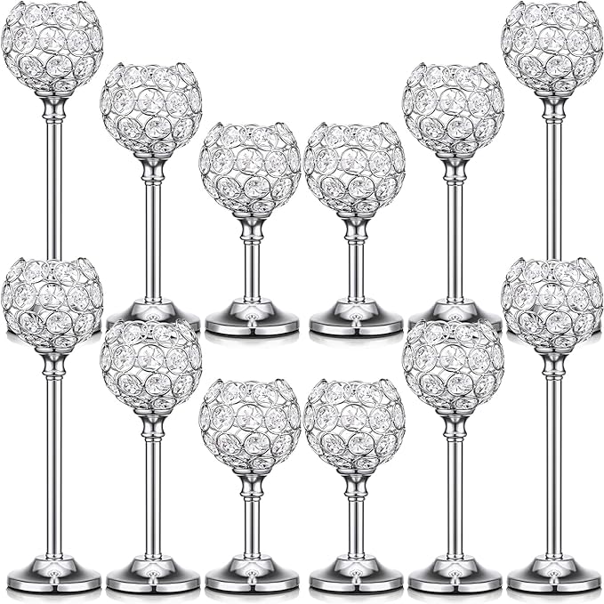 Mimorou 12 Pack Crystal Candle Holders Gold or Silver Candle Holders Bulk Tealight Candlestick Crystal Candelabras for Wedding Party Valentine Christmas Dining Table Centerpieces Decoration (Silver)