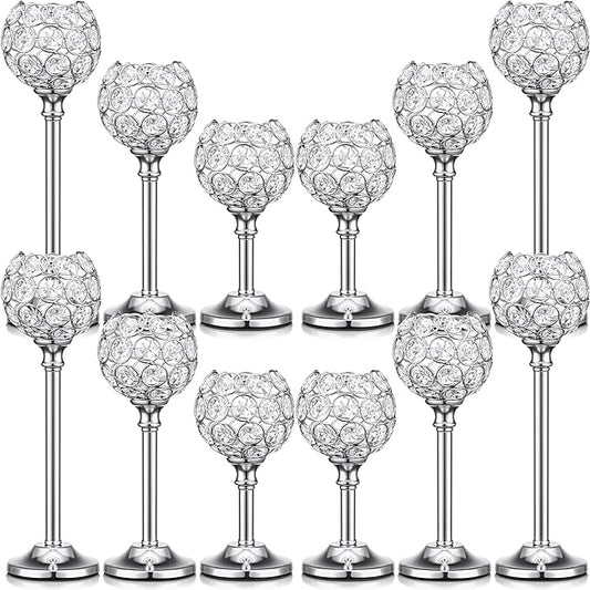 Mimorou 12 Pack Crystal Candle Holders Gold or Silver Candle Holders Bulk Tealight Candlestick Crystal Candelabras for Wedding Party Valentine Christmas Dining Table Centerpieces Decoration (Silver)