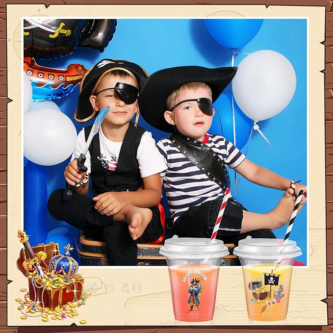 Boao 36 Sets Pirate Party Cups with Lids and Paper Straws 14 oz Skull Crossbones Treasure Drinking Cups Bulk for Halloween Pirate Birthday Baby Shower Party Supplies