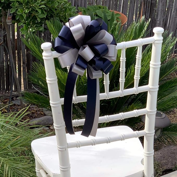 Navy Blue & Silver Decorative Pull Bows - 8" Wide, Set of 6, Police Support, Christmas, Hanukkah, Wedding Ribbons, Father's Day, School Dance, Boxing Day