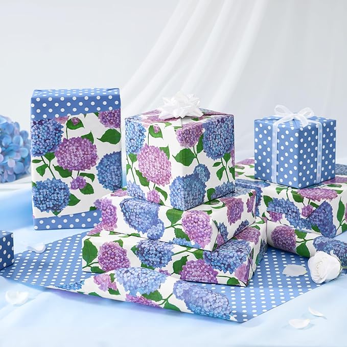 WERNNSAI Floral Wrapping Paper - 1 Roll 17”x 33 ft Blue Hydrangea Flower Wrapping Paper for Women Girls Birthday Supplies Floral Gift Wrap for Wedding Bridal Shower Party Favor
