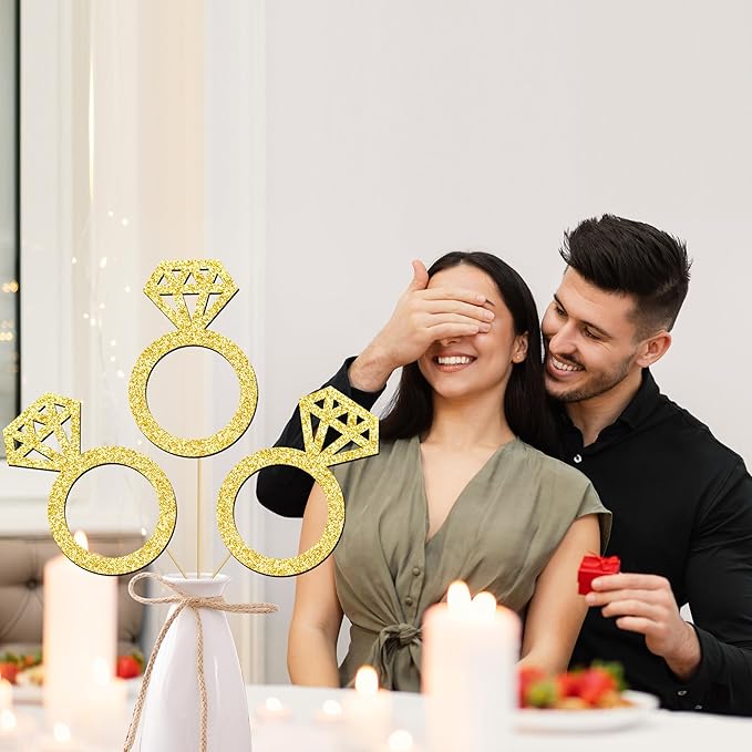 12pcs Gold Glitter Diamond Ring Theme Centerpiece Sticks Engagement Party Centerpieces for Table Wedding Party Table Decorations for Marriage Anniversary Bridal Shower Valentines Party Supplies