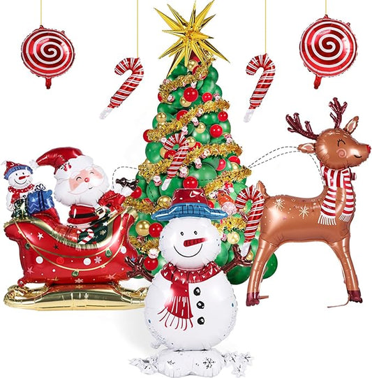 193 PCS Christmas Balloon Garland Arch Kit, Christmas Tree Balloons, Christmas Tree Snowman, Deer, Sled Aluminum Foil Balloons Santa Claus Hanging Decoration for Christmas Party