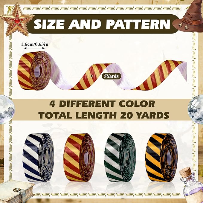 4-Style Magic School Polyester Ribbons - 0.63Inch x 20 Yards Academy Themed Threaded Ribbon | Magical Striped Ribbon for DIY Crafts, Party Decor, Gift Wrapping, Hair Bow Accessory