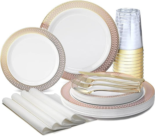 " OCCASIONS " 960pcs set (120 Guests)-Wedding Party Disposable Plastic Plates & cutlery -120 x 10'' + 120 x 7.5'' + Silverware + Cups + Napkins (Venice in White/Blush/Peach & Gold)