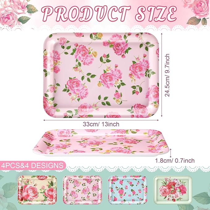 4 Pieces Serving Trays Melamine Platters Reusable Rectangle Party Trays for Theme Party Food Dessert Serving Supplies, 13 x 9.7 inch(Colorful,Flower)