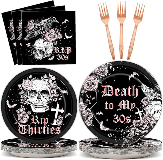 Qyeahkj 100 Pcs 40th Birthday Party Supplies Death to My 30s Paper Plates and Napkins Set Black Rose Gold Rip to My 30s Disposable Tableware Decorations for Women Thirties Funeral Youth Serve 25 Guest