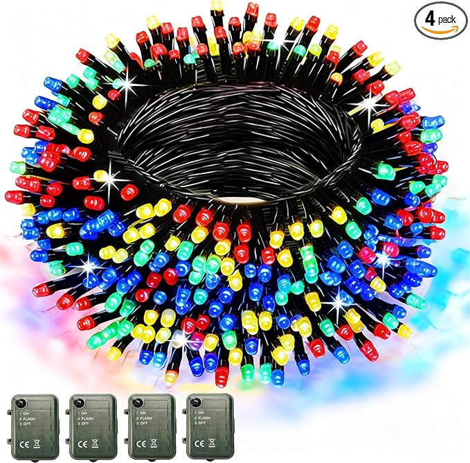 Colorful Battery Powered String Lights, 4 Pack Total 66.6 FT 200 LED String Fairy Lights Indoor Outdoor Christmas Decoration, Twinkle Fairy Light for Party Room Classroom Xmas Tree Party Decor