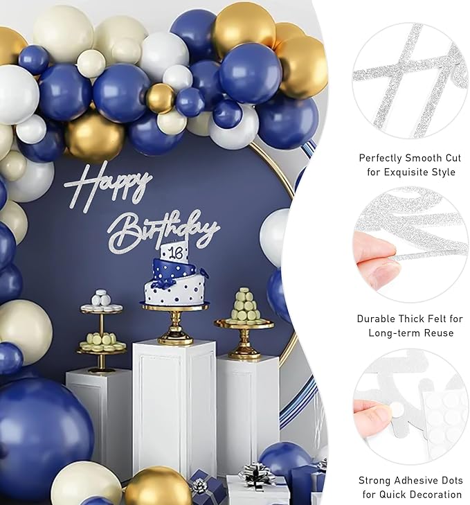 CANREVEL Happy Birthday Sign for Backdrop, Glitter Felt Silver Happy Birthday Banner, Silver Birthday Party Decorations for Girl Boy Women Men, Wall Decor Balloon Arch Photo Prop