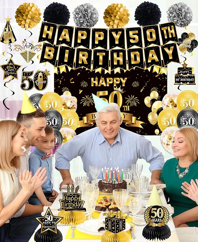 50th Birthday Decorations, Pre-Strung Happy Birthday Banner with Balloons, Backdrop, Honeycomb Centerpieces, Hanging Swirl Streamers, Black Gold Happy Birthday Party Decorations for Men Women