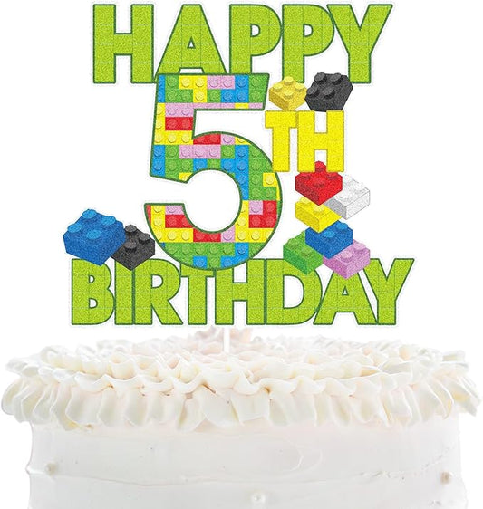 Happy 5th Birthday Building Block Cake Topper - Puzzle Games Boy's 5th Birthday Party Green Cake Topper Supplies - Building Block Party Decoration For Boy