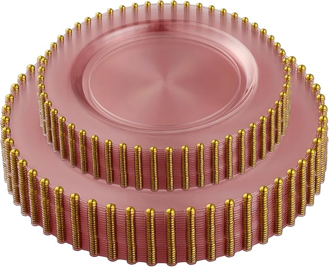 PLASTICPRO 64 Piece Combo Plastic Dinner Plates Disposable Plastic Fancy Heavy Duty Party Dishes 7 inch and 10 inch, Translucent Rose and Gold Beaded