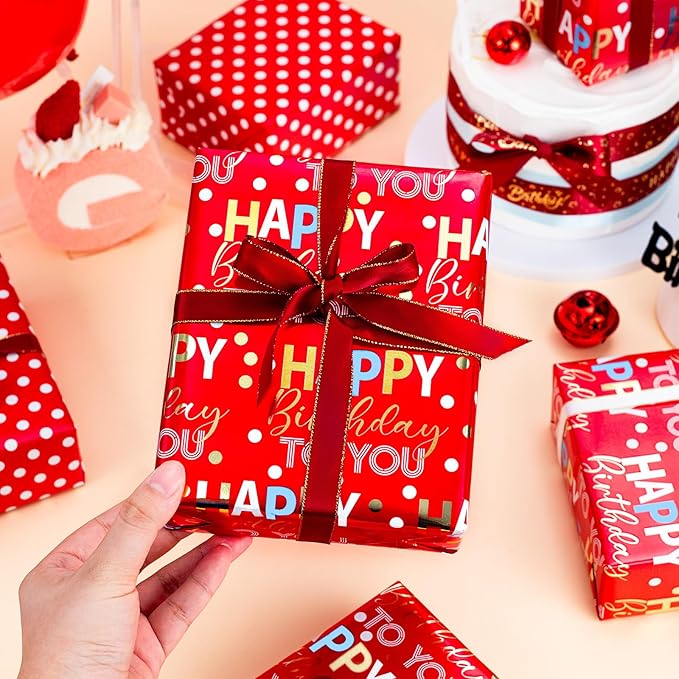 MAYPLUSS Reversible Red Birthday Wrapping Paper Roll - 17 Inch X 33 Feet - Glitter Happy Birthday Lettering Metallic Foil Paper Boy Gift Wrap w/Polka Dot for Party Father's Day Halloween's Day
