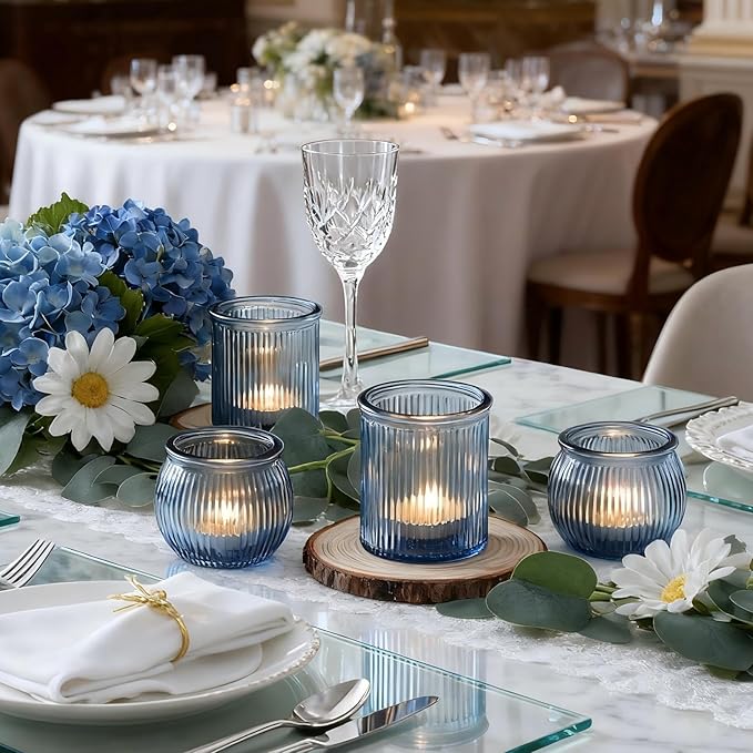 NITIME 12pcs Assorted Blue Votive Candle Holders for Wedding Decor, Ribbed Tea Lights Candle Holder, Glass Candle Holder for Table Centerpiece, Party and Holiday Decorations
