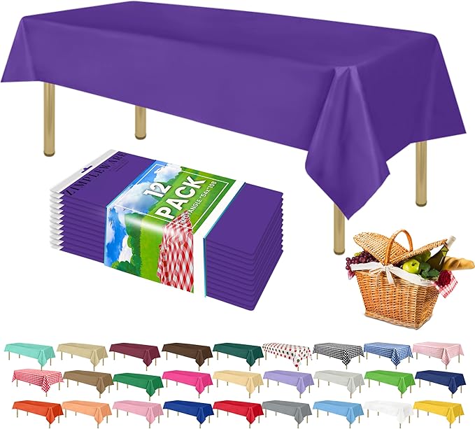 ZIMPLEWARE Premium Purple Plastic Table Cloth Disposable (12 Pk) Plastic Tablecloths for Rectangle Tables (54in x 108in) Party Table Cloths Disposable for 6ft to 8ft Rectangle Tables