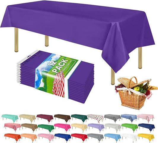ZIMPLEWARE Premium Purple Plastic Table Cloth Disposable (12 Pk) Plastic Tablecloths for Rectangle Tables (54in x 108in) Party Table Cloths Disposable for 6ft to 8ft Rectangle Tables