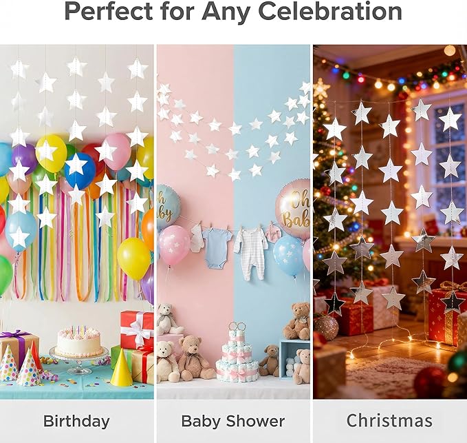 Metallic Silver Iridescent-Star-Garland 90FT – 240 Pcs Sparkling Star Streamers – Hanging Glitter Star Banner Backdrop for Birthday, Baby Shower, Wedding, Christmas Party Decorations (6 Packs)