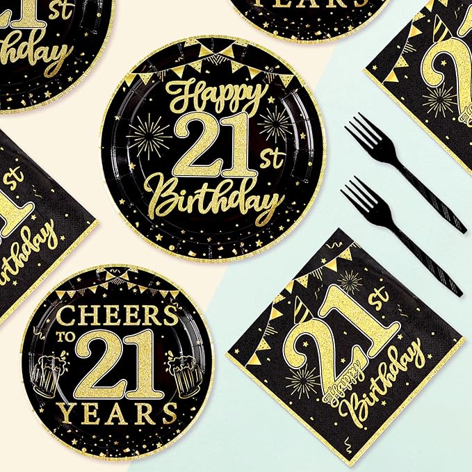 96 Pcs 21st Birthday Party Supplies 350 GSM Black and Gold Happy 21st Birthday Plates and Napkins Disposable Cheers to 21 Years Paper Tableware Set 21st Birthday Decorations for Him Men Serves 24