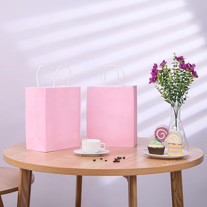SUNCOLOR 25 Pack Pink Gift Bags with Handles – 8x4.5x10 Medium Bags for Shopping, Retail, DIY, Wedding, Party Favors & Special Occasions