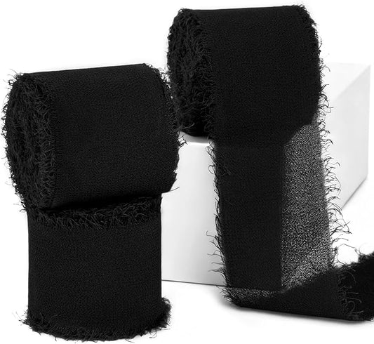 Black Chiffon Ribbon 1.5" x 21 Yd Handmade Fringe Silk Chiffon Fabric Ribbon for Gift Wrapping Wedding Invitation Bridal Flower Bouquet DIY Crafts Home Decor