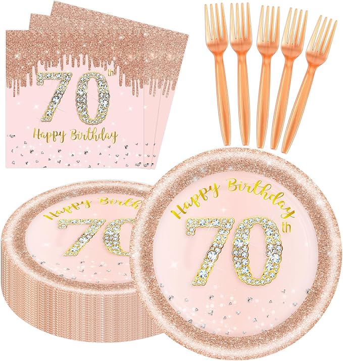 60 PCS 70th Birthday Decorations for Women, 70th Birthday Plates and Napkins Rose Gold Disposable Tableware Set Party Supplies for Women Cheers to 70 Years Anniversary (70TH)